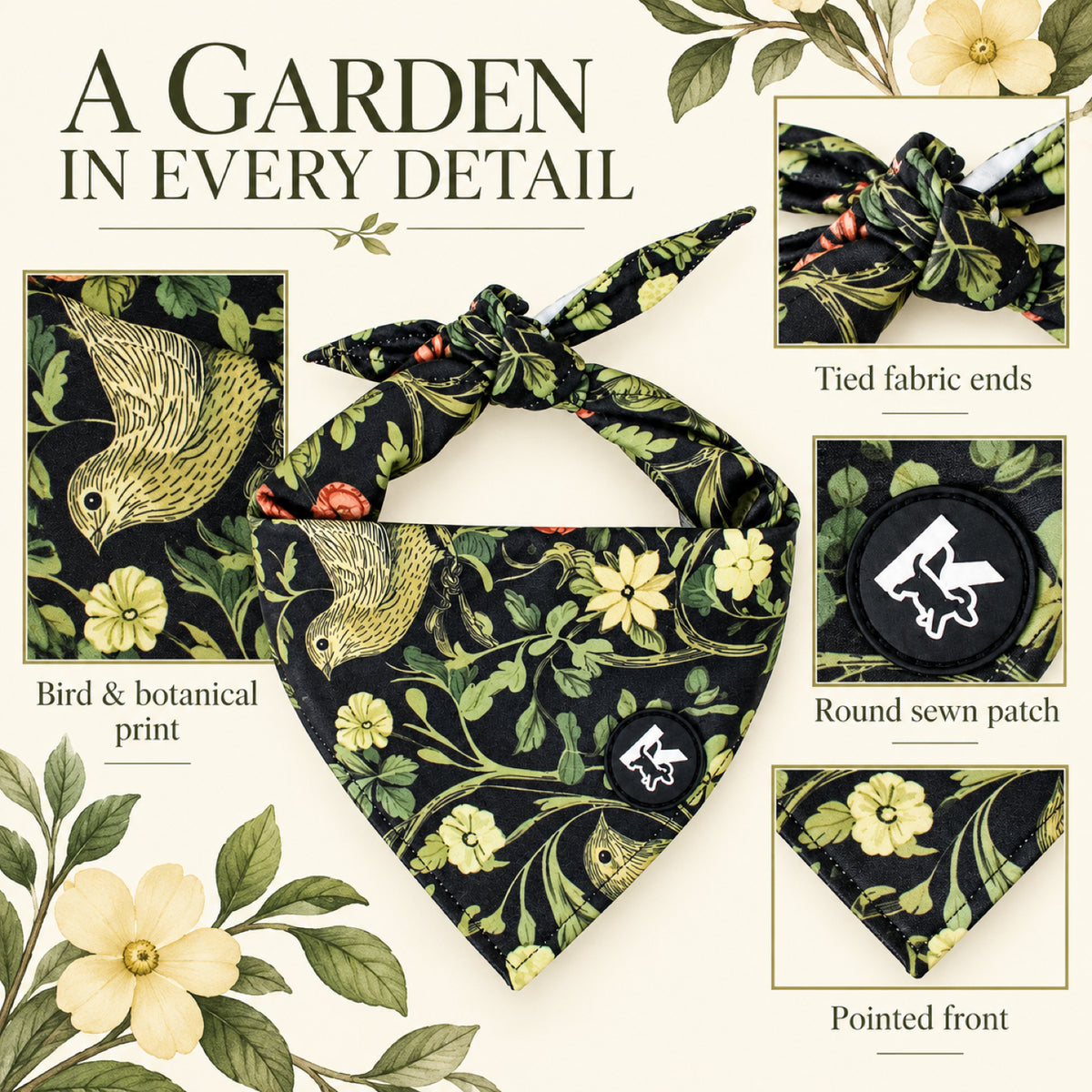 GAVPEPY Polyester Floral Print Pet Bandana, Size One Size, Green, for pet photos, outings and celebrations; decorative neckwear with the selected print and fit shown in the product photos; review the selected variant photo for details image 3 - 03-花园细节.jpg