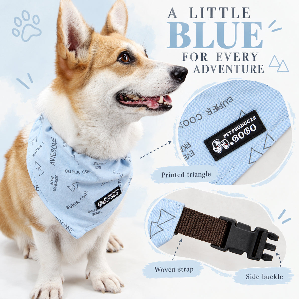 GAVPEPY Printed Pet Bandana, Sizes Small, Large, Yellow, Blue, Orange, Green, for photos, celebrations, walks and everyday pet outfits; a neckwear accessory for everyday outfits, portraits and special occasions image 3 - 03-佩戴细节.jpg