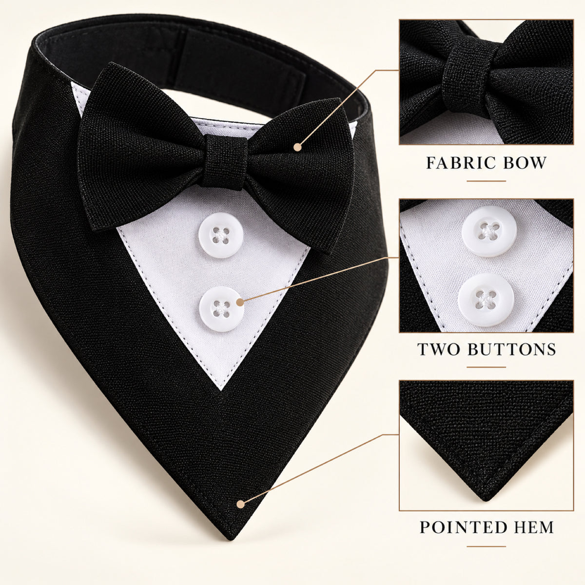 GAVPEPY Cotton Formal Tuxedo Pet Bib, Sizes XS, S, M, L, XL, Black, White, for photos, celebrations, walks and everyday pet outfits; a neckwear accessory for everyday outfits, portraits and special occasions image 3 - 03-黑款细节.jpg