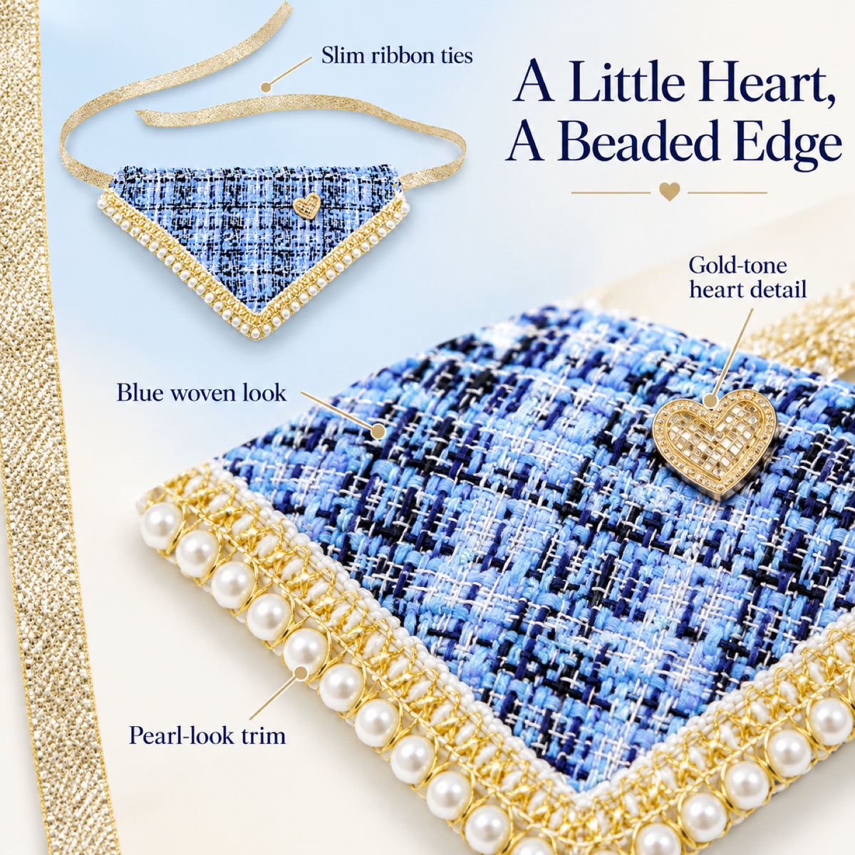GAVPEPY Polyester Tweed-Look Triangle Pet Bib, Size S, 5 color or pattern options, for photos, celebrations, walks and everyday pet outfits; a neckwear accessory for everyday outfits, portraits and special occasions image 3 - 03-蓝款细节.jpg