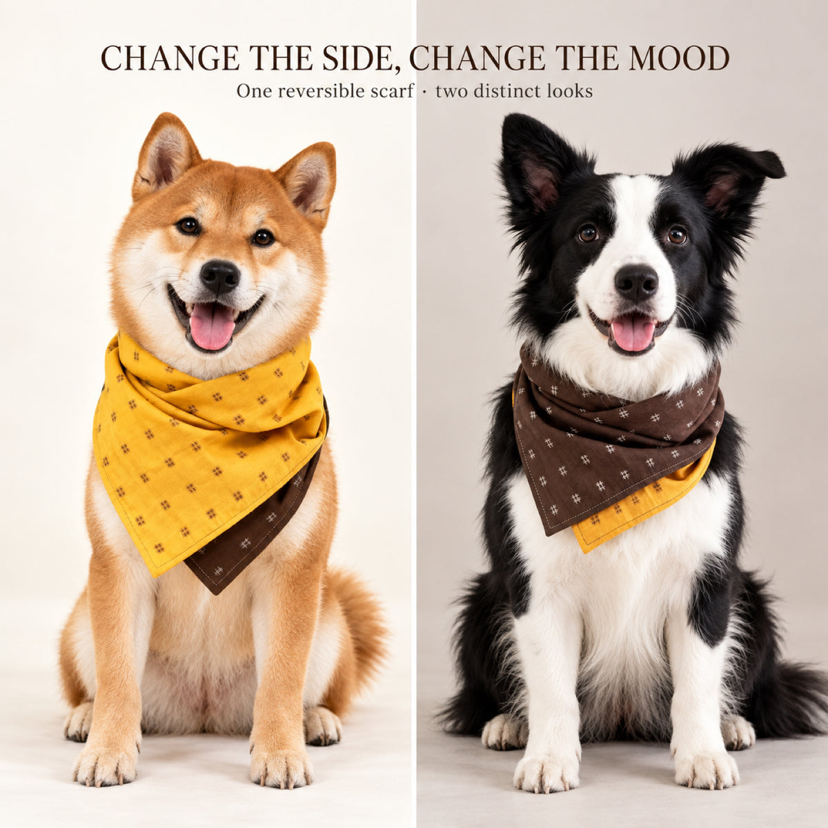 GAVPEPY Polyester Color-Block Square Pet Bandana, Sizes S, M, L, XL, Yellow, Black, for photos, celebrations, walks and everyday pet outfits; a neckwear accessory for everyday outfits, portraits and special occasions image 3 - 03-双面佩戴.jpg