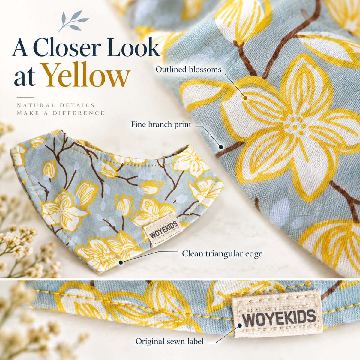 GAVPEPY Cotton Floral Pet Bandana, Sizes S, M, L, Yellow, Pink, for pet photos, outings and celebrations; decorative neckwear with the selected print and fit shown in the product photos; review the selected variant photo for details image 3 - 03-黄花细节.jpg