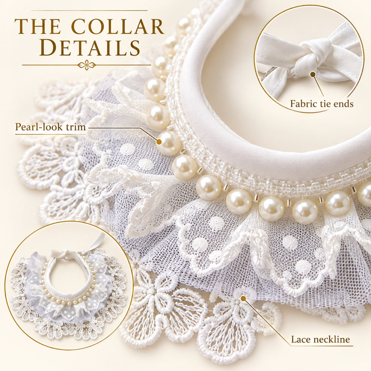 GAVPEPY Lace-Trim Pet Collar Bib, Sizes XS, S, M, L, XL, White, for pet photos, outings and celebrations; decorative neckwear with the selected print and fit shown in the product photos; review the selected variant photo for details image 3 - 03-珠饰领口.jpg