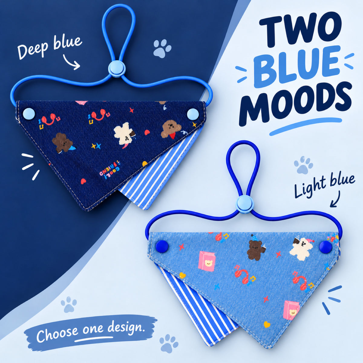 GAVPEPY Cotton Adjustable Printed Pet Bandana, Sizes S, L, Blue, for pet photos, outings and celebrations; decorative neckwear with the selected print and fit shown in the product photos; review the selected variant photo for details image 3 - 03-深浅蓝款式选择.jpg