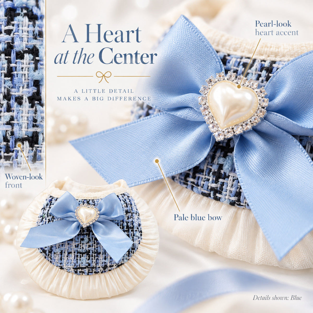 GAVPEPY Polyester Bow-Trim Pet Bib, Size S, 5 color or pattern options, for photos, celebrations, walks and everyday pet outfits; a neckwear accessory for everyday outfits, portraits and special occasions image 3 - 03-心形细节.jpg