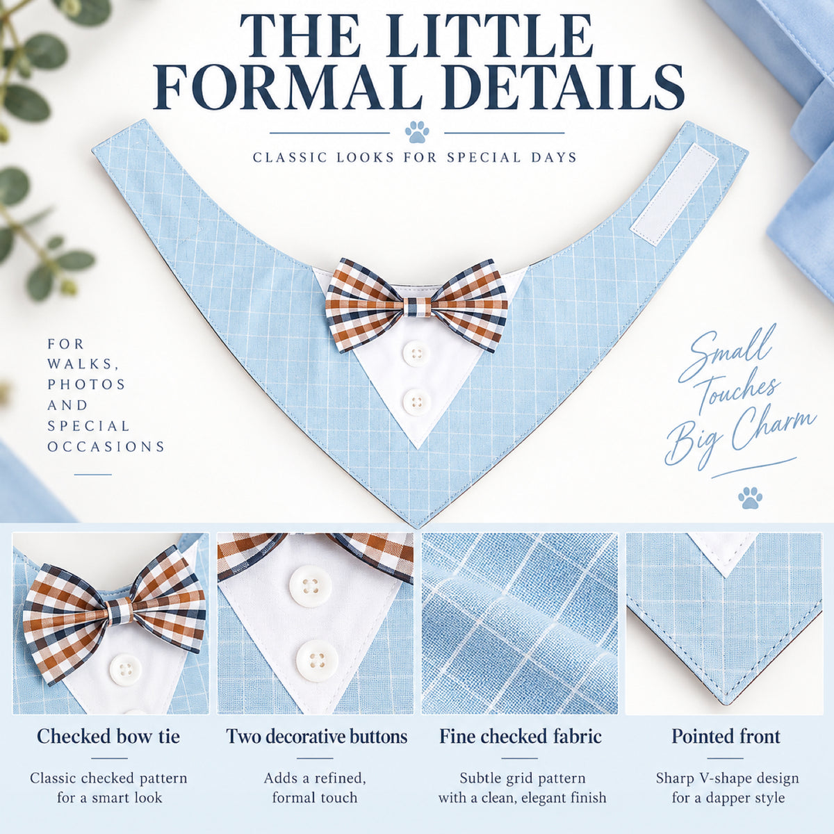 GAVPEPY Polyester Tuxedo-Style Pet Bandana, Sizes XS, S, M, L, XL, 6 color or pattern options, for photos, celebrations, walks and everyday pet outfits; a neckwear accessory for everyday outfits, portraits and special occasions image 3 - 03-礼服细节.jpg