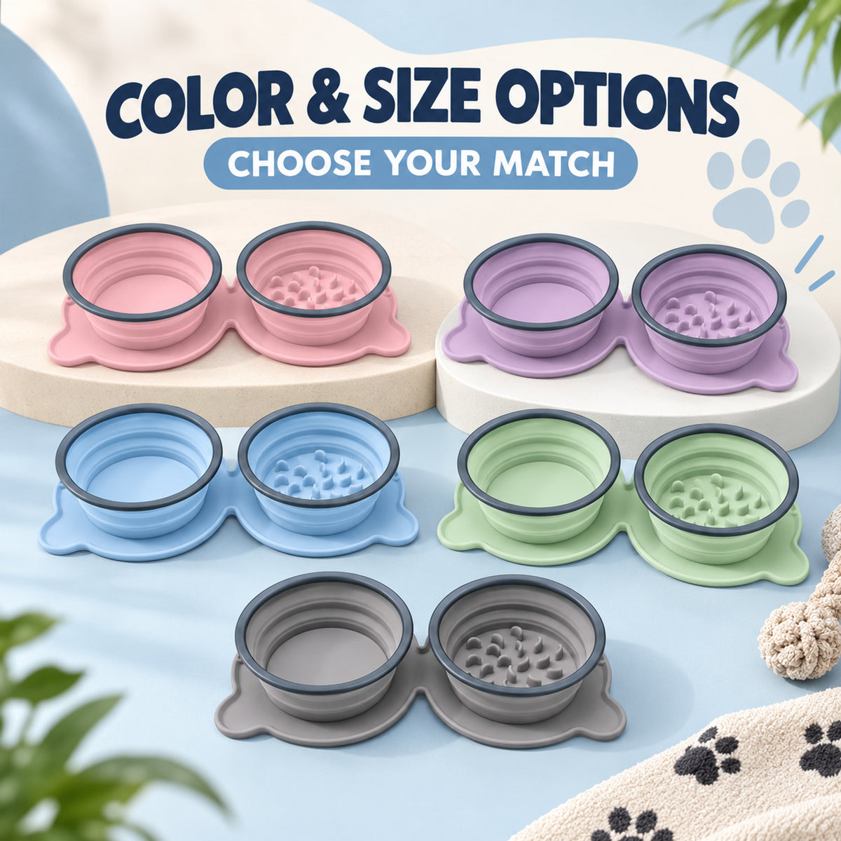 Twin Collapsible Silicone Pet Travel Bowls, 7 Colors, By GAVPEPY image 5 - 04-Options.jpg