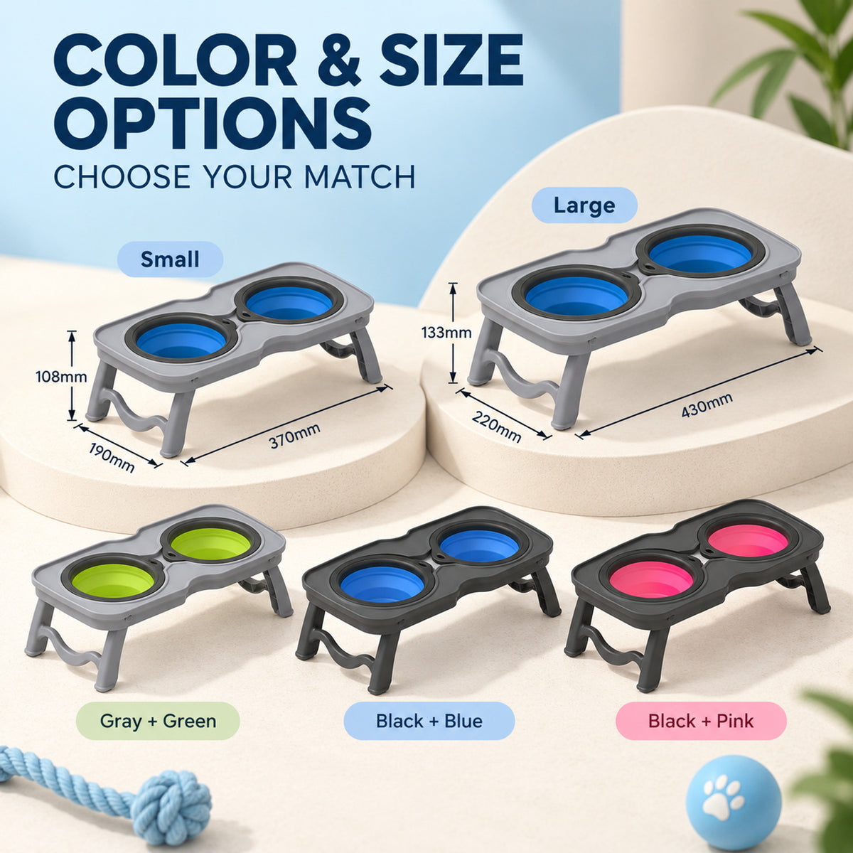Foldable Double Pet Bowl Stand, 2 Colors & 2 Sizes, By GAVPEPY image 5 - 04-Options.jpg