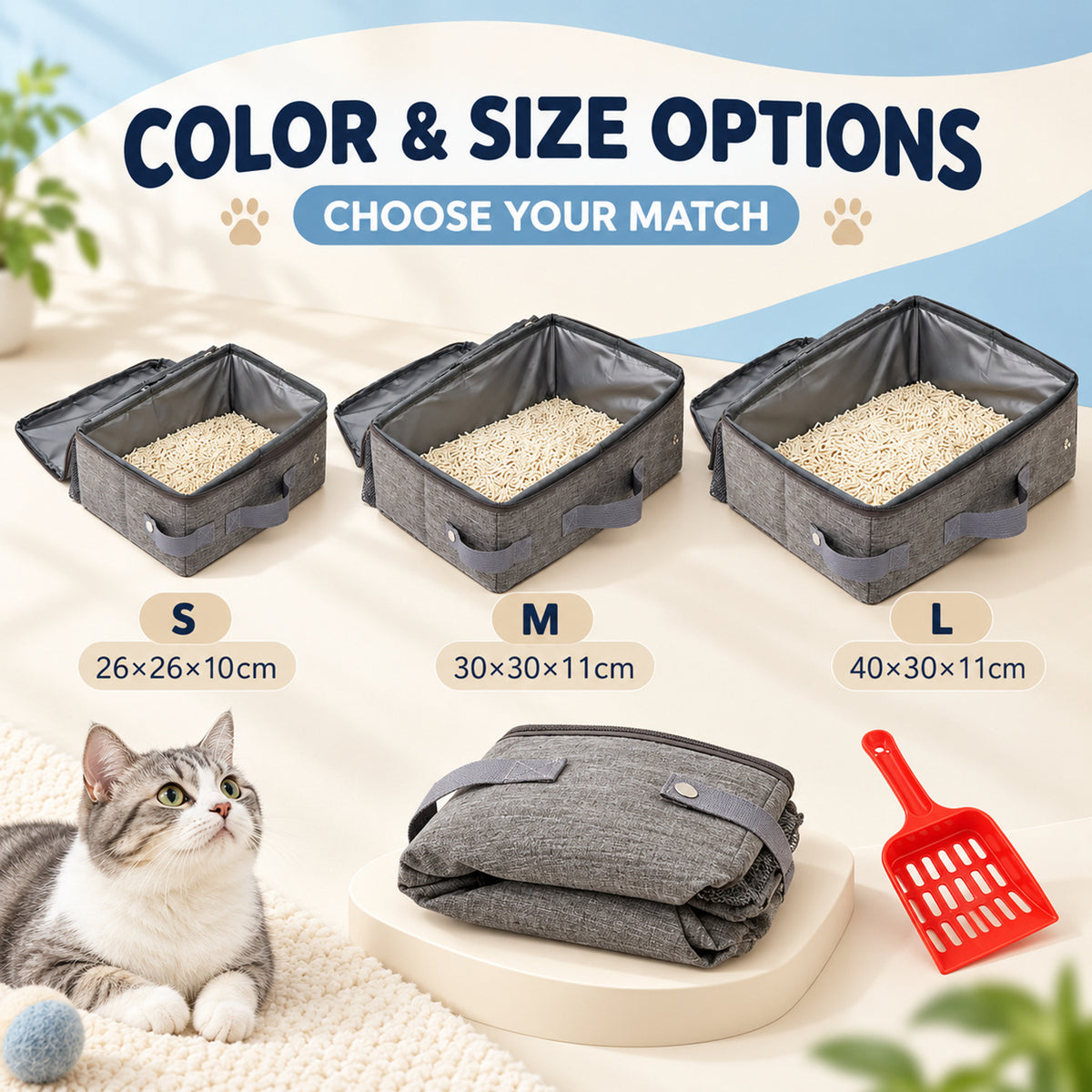 Foldable Travel Litter Box with Scoop, 30 x 30 x 11 cm, By GAVPEPY image 5 - 04-Options.jpg