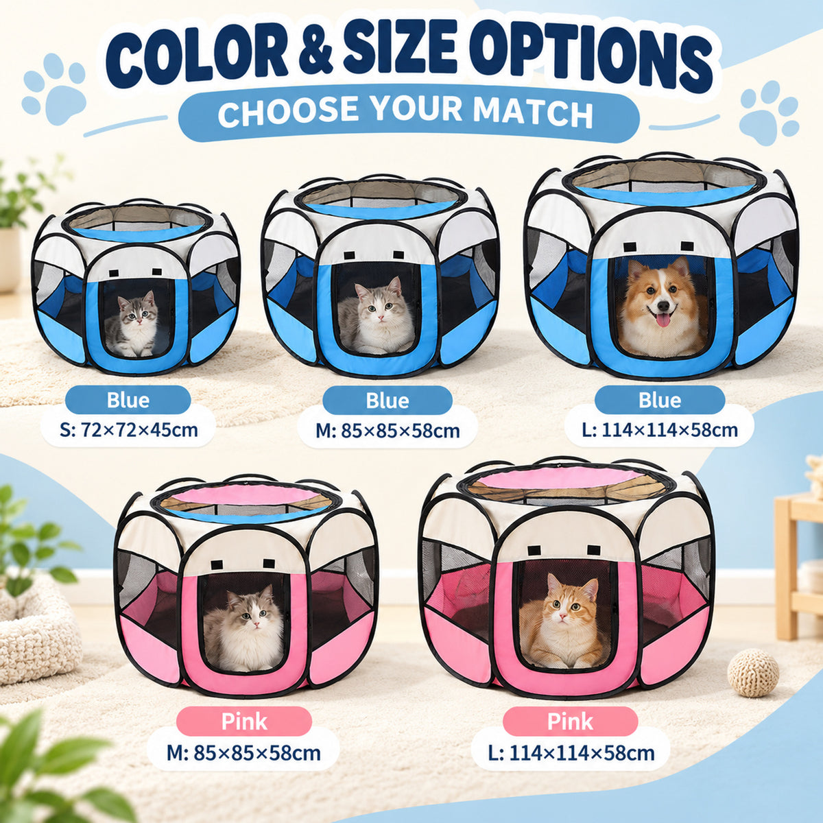 Foldable Oxford Fabric Pet Playpen, 2 Colors & 3 Sizes, By GAVPEPY image 5 - 04-Options.jpg