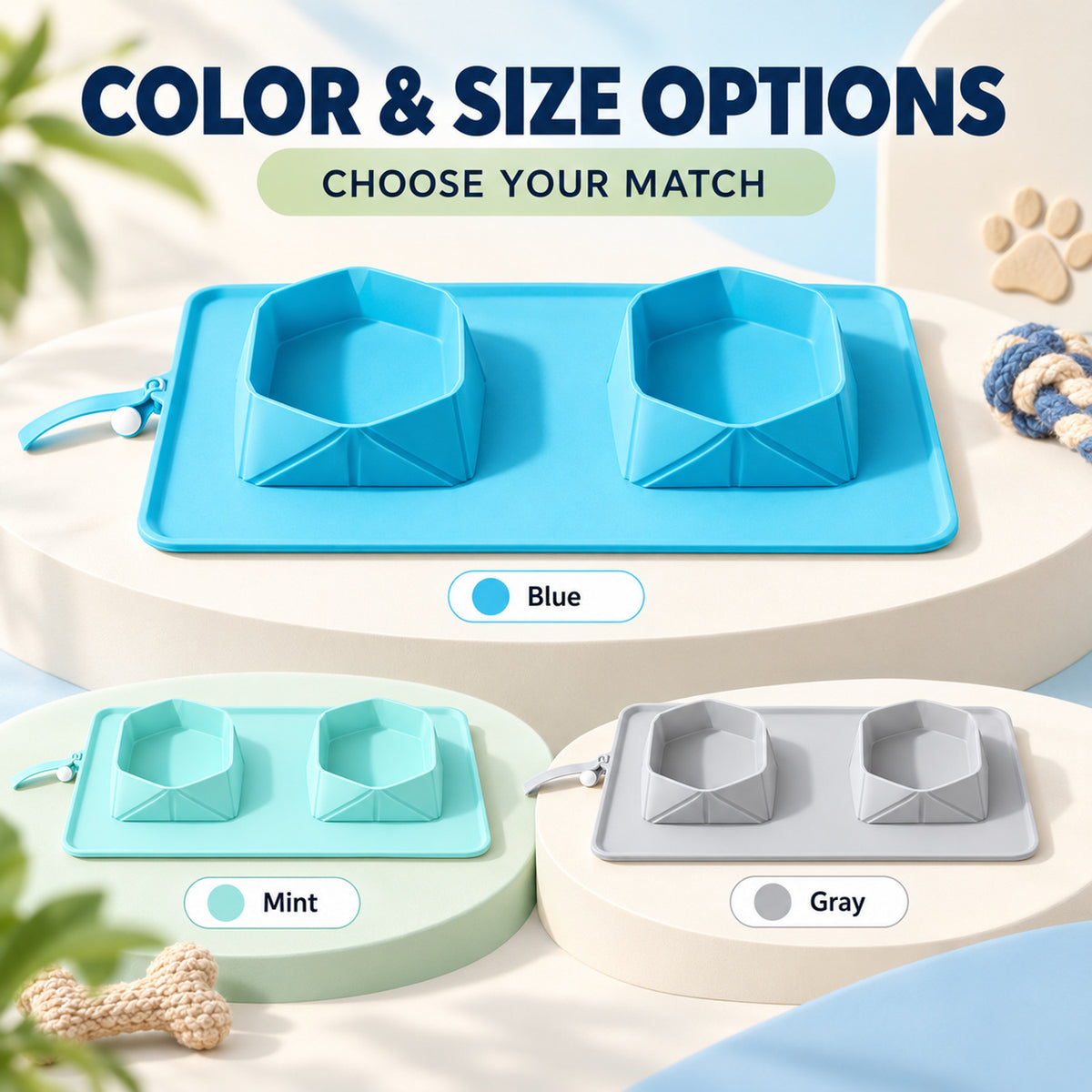 Foldable Silicone Double-Bowl Feeding Mat, 3 Colors & 2 Sizes, By GAVPEPY image 5 - 04-Options.jpg
