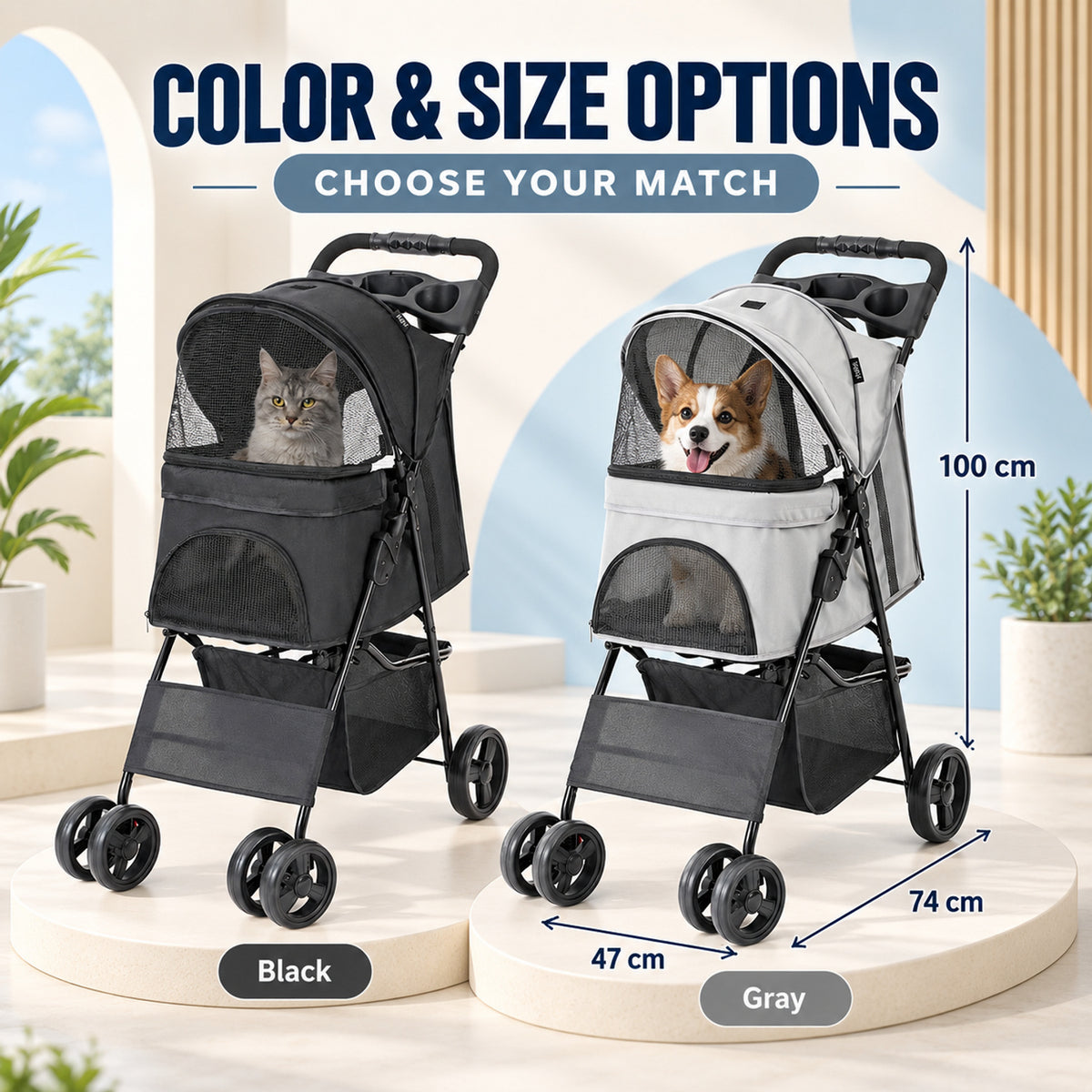 Foldable Pet Stroller with Tray, 2 Colors, By GAVPEPY image 5 - 04-Options.jpg