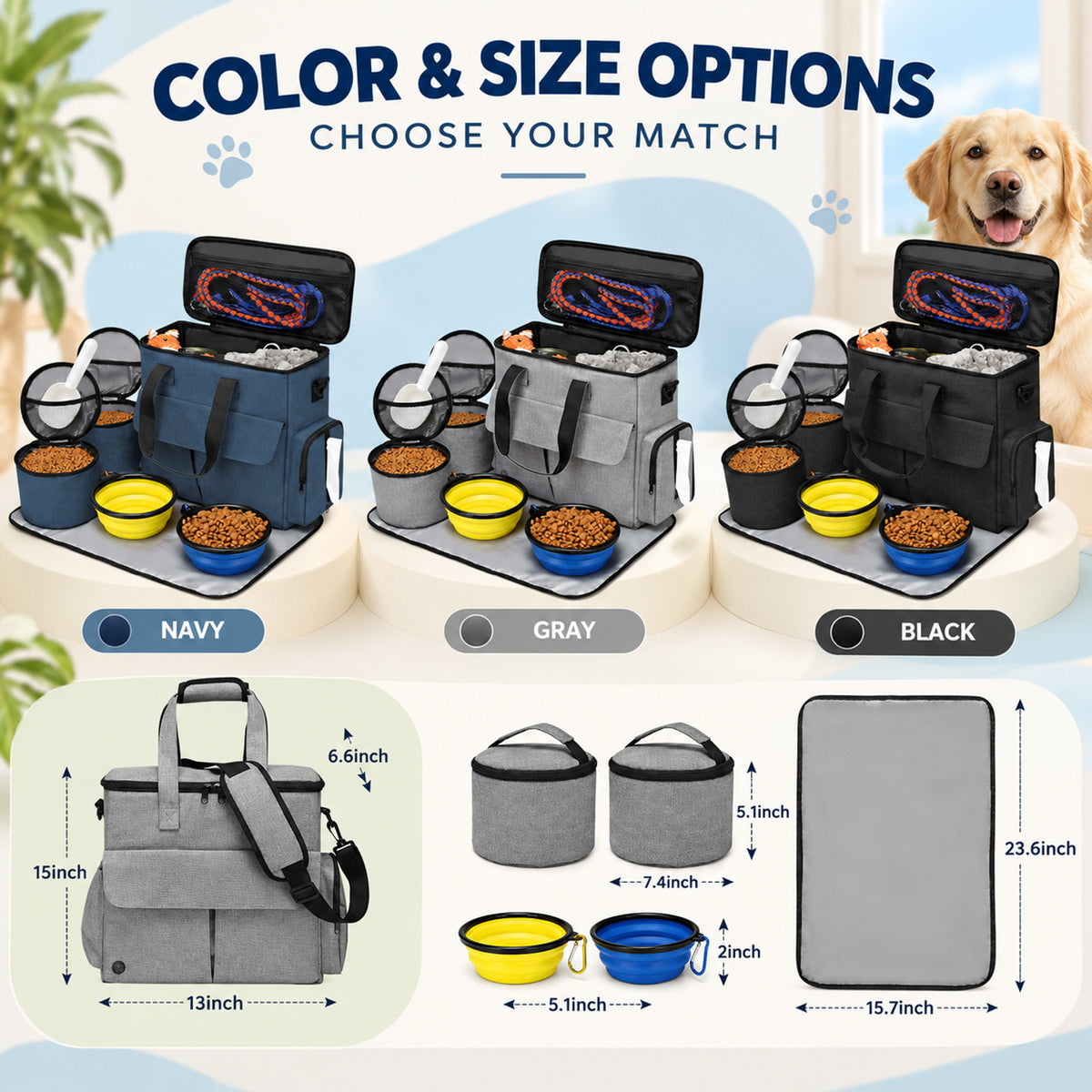 Large Pet Food Travel Bag with 2 Collapsible Bowls, 3 Colors, By GAVPEPY image 5 - 04-Options.jpg