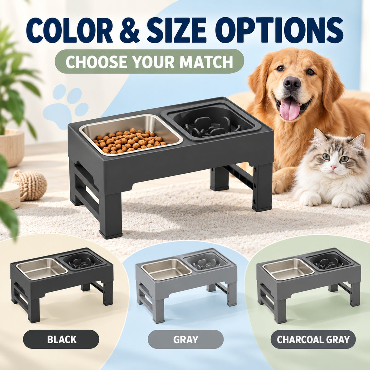 Foldable Pet Bowl Table, 2 Colors & 2 Bowl Types, By GAVPEPY image 5 - 04-Options.jpg