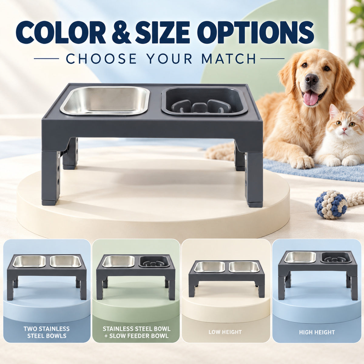 Adjustable Foldable Pet Bowl Stand, 2 Colors & 3 Bowl Sets, By GAVPEPY image 5 - 04-Options.jpg