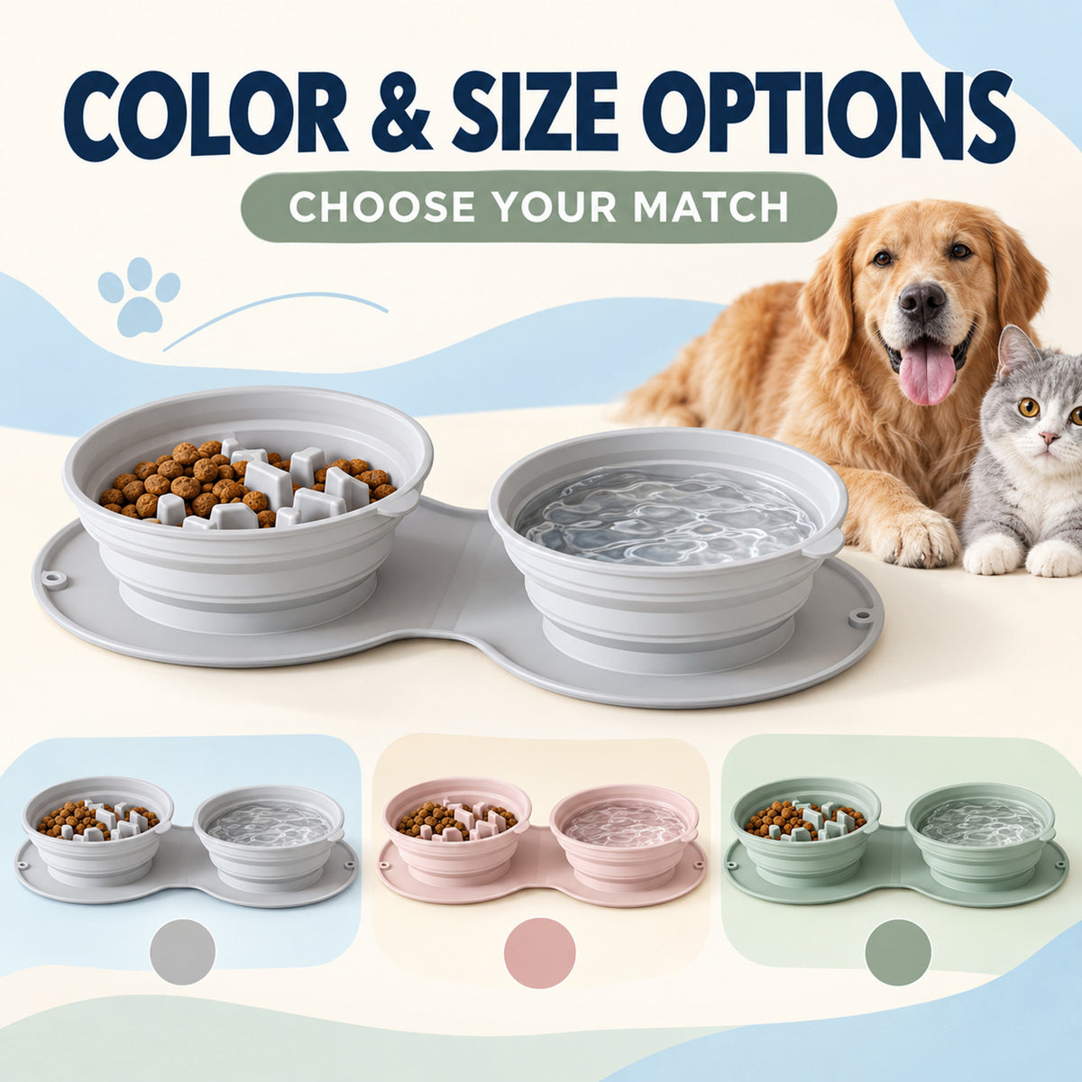 Collapsible Silicone Double Slow-Feeder Pet Bowl, By GAVPEPY image 5 - 04-Options.jpg