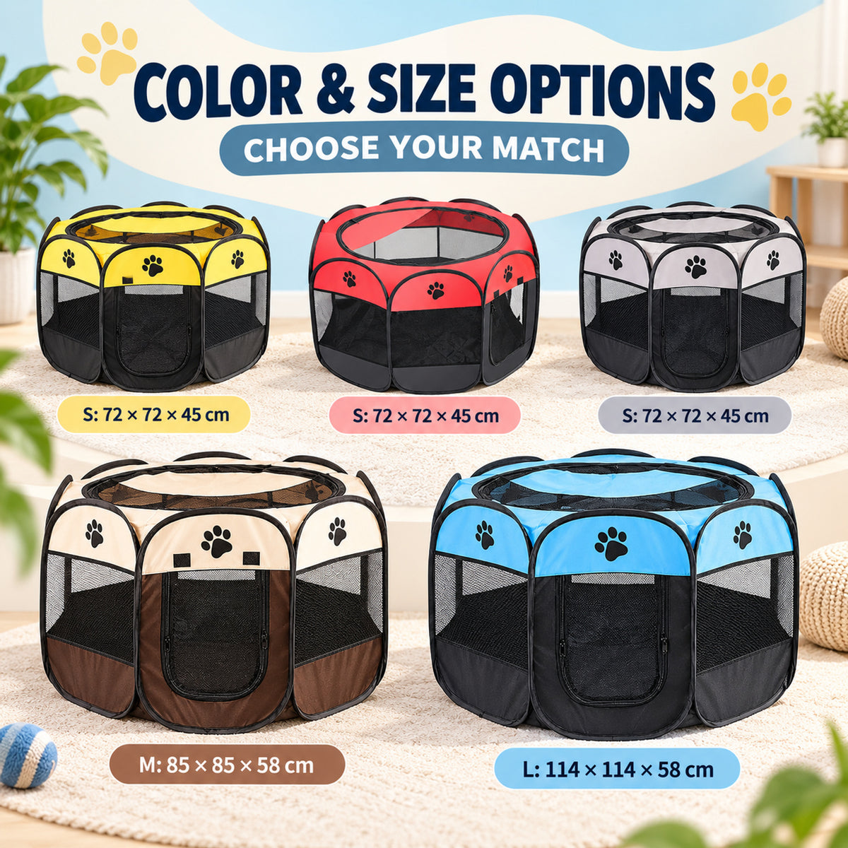 Foldable Oxford Fabric Pet Playpen, 6 Colors & 3 Sizes, By GAVPEPY image 5 - 04-Options.jpg