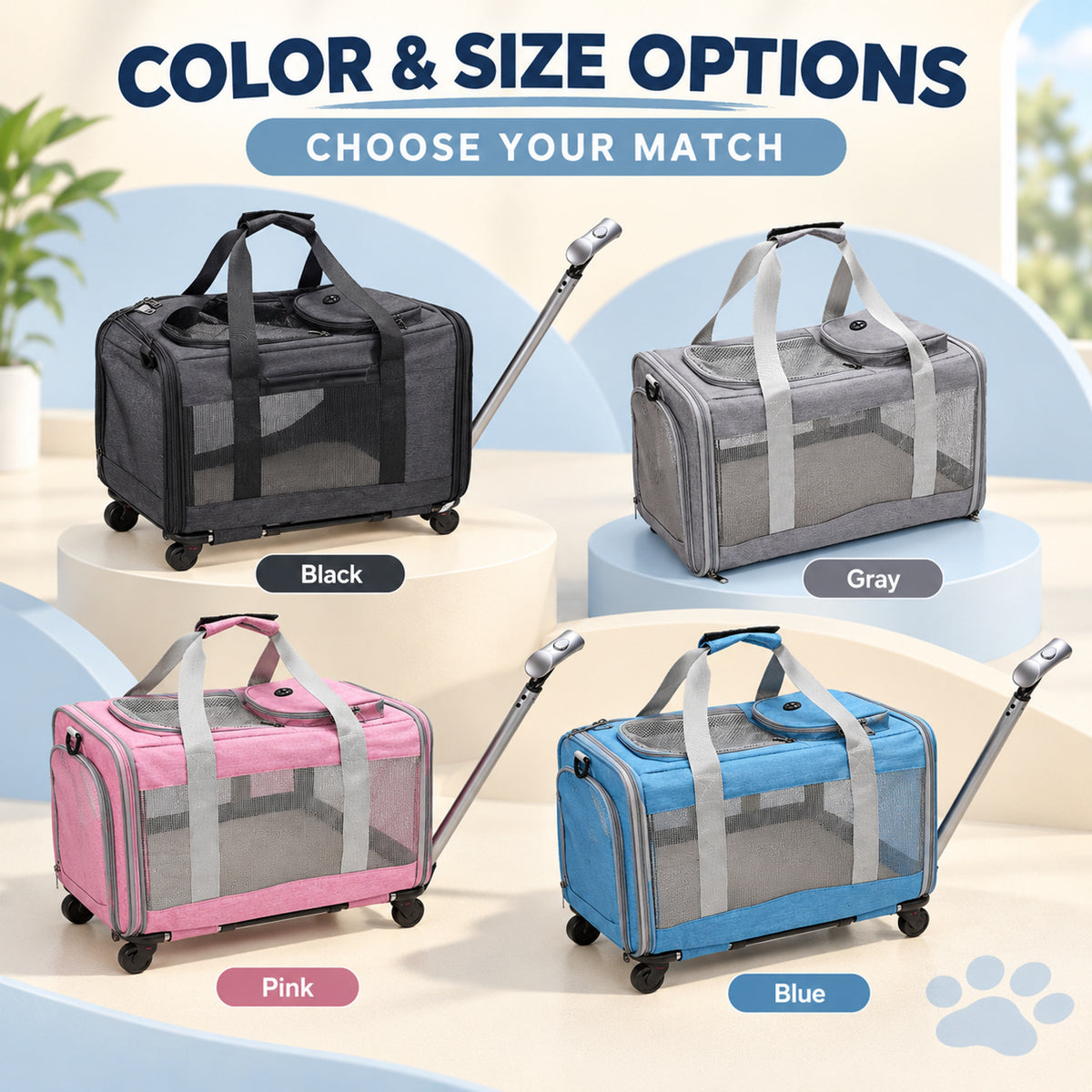 Soft-Sided Rolling Pet Carrier, 4 Colors & 2 Configurations, By GAVPEPY image 5 - 04-Options.jpg