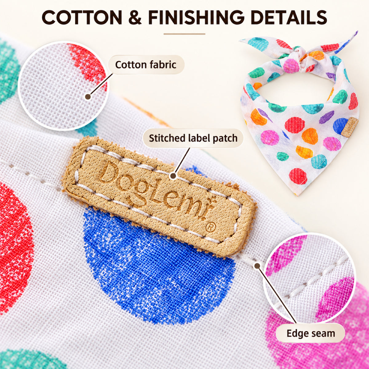 GAVPEPY Cotton Rainbow Dot Pet Bandana, Sizes S, L, as pictured, for pet photos, outings and celebrations; decorative neckwear with the selected print and fit shown in the product photos; review the selected variant photo for details image 4 - 04-棉布皮标细节.jpg