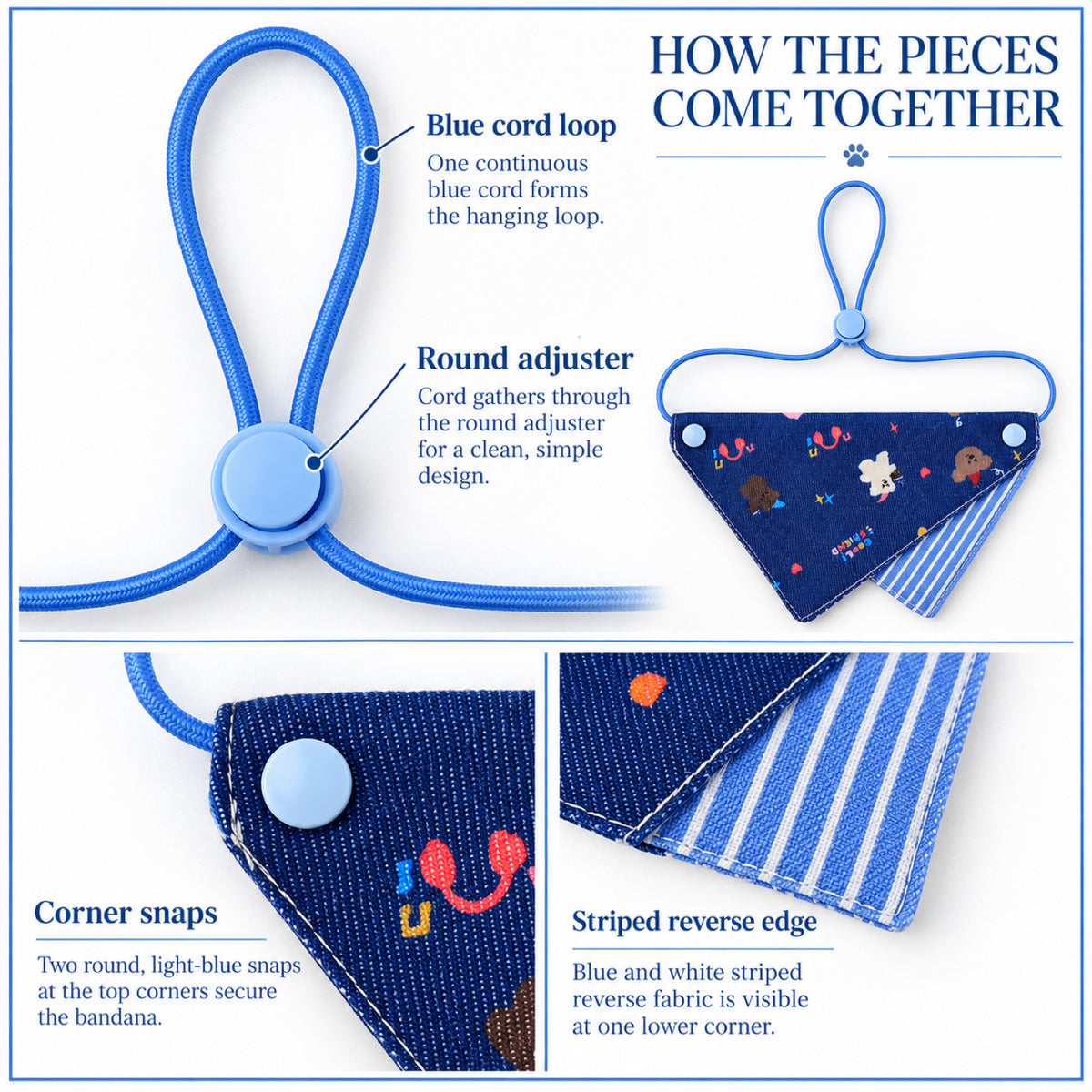 GAVPEPY Cotton Adjustable Printed Pet Bandana, Sizes S, L, Blue, for pet photos, outings and celebrations; decorative neckwear with the selected print and fit shown in the product photos; review the selected variant photo for details image 4 - 04-蓝绳圆扣条纹细节.jpg