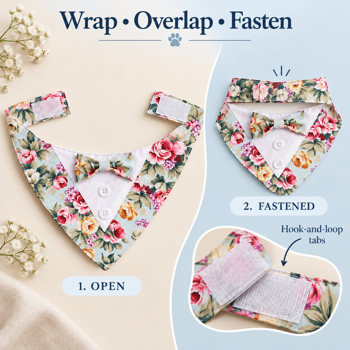 GAVPEPY Polyester Floral Formal Pet Bib, Sizes XS, S, M, L, XL, Red, Pink, Blue, for photos, celebrations, walks and everyday pet outfits; a neckwear accessory for everyday outfits, portraits and special occasions image 4 - 04-颈部搭接.jpg