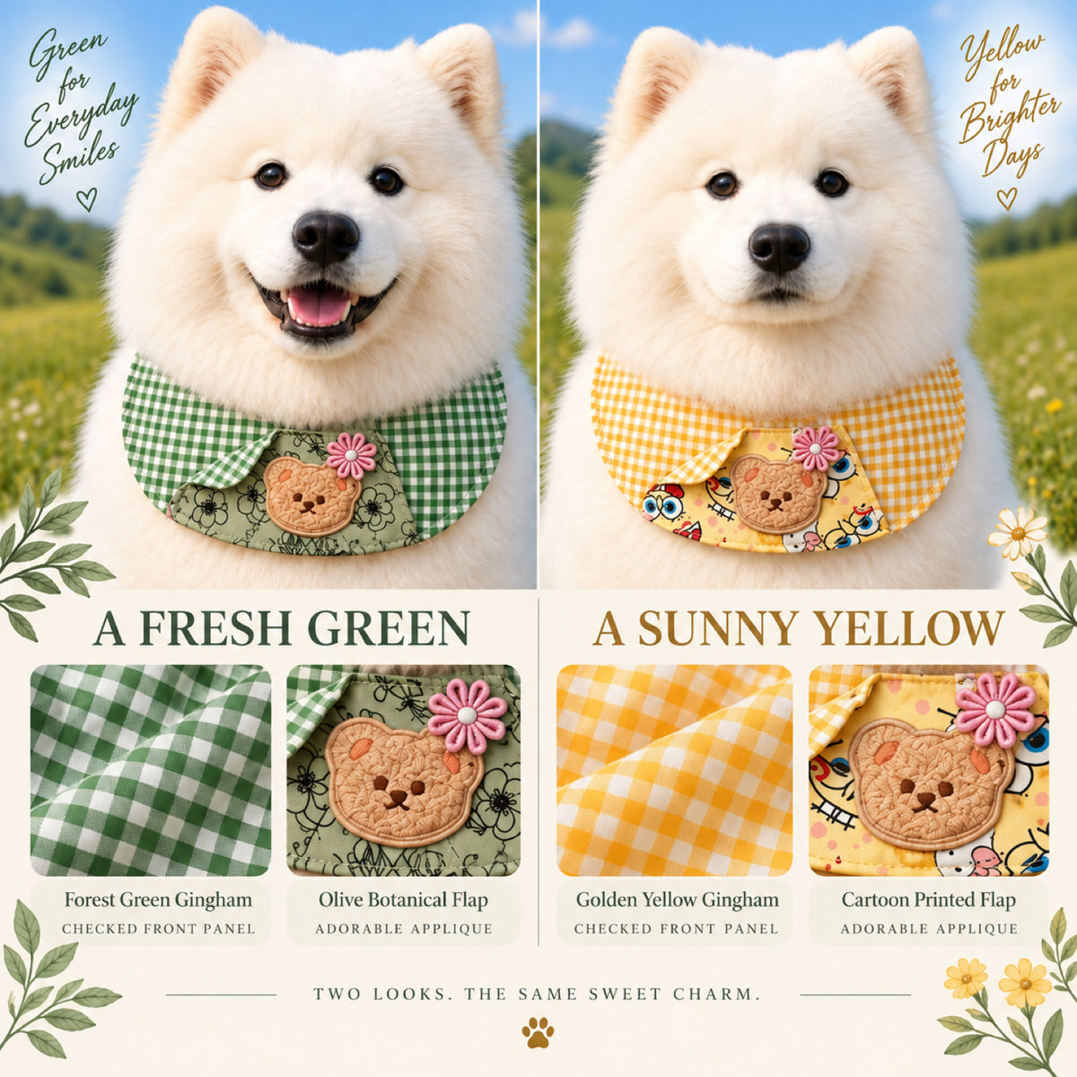 GAVPEPY Polyester Gingham Bear Pet Bib, 6 size options, 5 color or pattern options, for photos, celebrations, walks and everyday pet outfits; a neckwear accessory for everyday outfits, portraits and special occasions image 4 - 04-绿黄对照.jpg