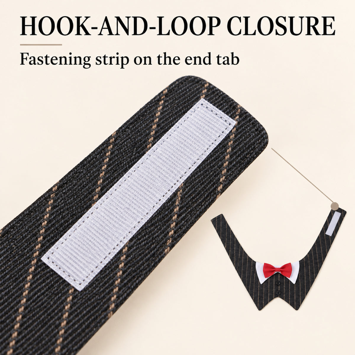 GAVPEPY Polyester Tuxedo Bow Pet Bib, Sizes XS, S, M, L, XL, Green Stripe, Dark Gray Stripe, Coffee Stripe, for photos, celebrations, walks and everyday pet outfits; a neckwear accessory for everyday outfits, portraits and special occasions image 4 - 04-魔术贴闭合.jpg