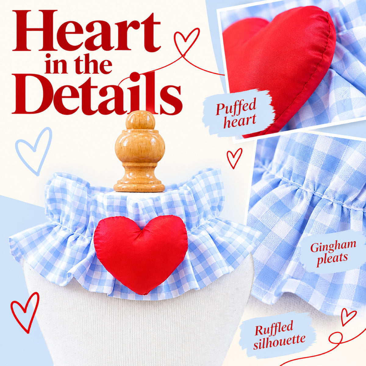 GAVPEPY Polyester Gingham Bear Pet Bib, Size S, as pictured, for pet photos, outings and celebrations; decorative neckwear with the selected print and fit shown in the product photos; review the selected variant photo for details image 4 - 04-红心细节.jpg