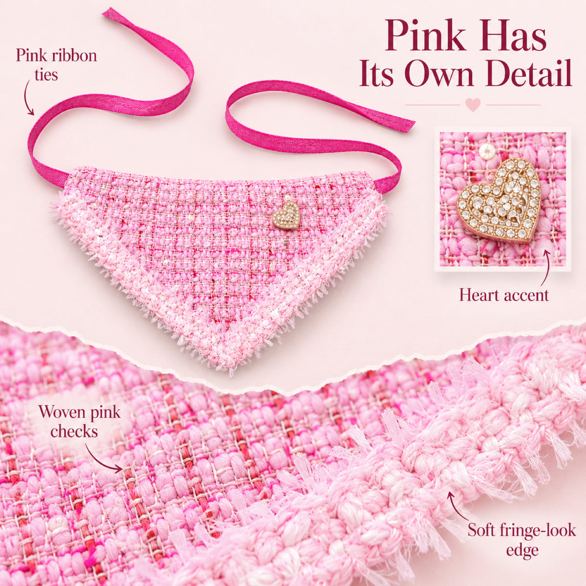 GAVPEPY Polyester Tweed-Look Triangle Pet Bib, Size S, 5 color or pattern options, for photos, celebrations, walks and everyday pet outfits; a neckwear accessory for everyday outfits, portraits and special occasions image 4 - 04-粉款造型.jpg