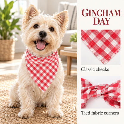 GAVPEPY Cotton Plaid Tie Pet Bandana, Sizes 68 x 45 x 45, One Size, Red, Green, White, Brown, for photos, celebrations, walks and everyday pet outfits; a neckwear accessory for everyday outfits, portraits and special occasions image 4 - 04-红白格佩戴.jpg