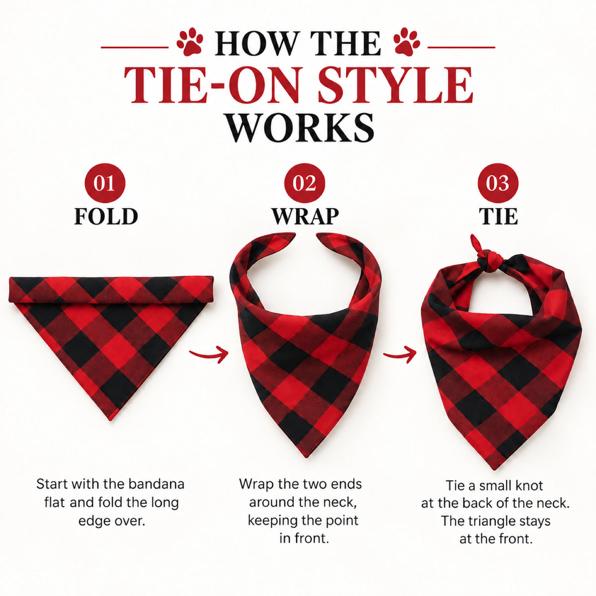 GAVPEPY Cotton-linen blend Gingham Pet Bandana, Sizes Small, Large, Red, White, for photos, celebrations, walks and everyday pet outfits; a neckwear accessory for everyday outfits, portraits and special occasions image 4 - 04-系结方式.jpg
