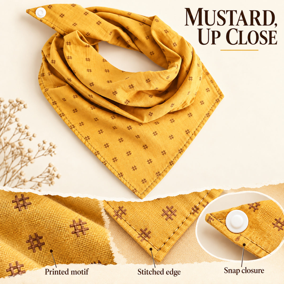 GAVPEPY Polyester Color-Block Triangle Pet Bandana, Sizes S, M, L, XL, Yellow, Brown, for photos, celebrations, walks and everyday pet outfits; a neckwear accessory for everyday outfits, portraits and special occasions image 4 - 04-姜黄细节.jpg