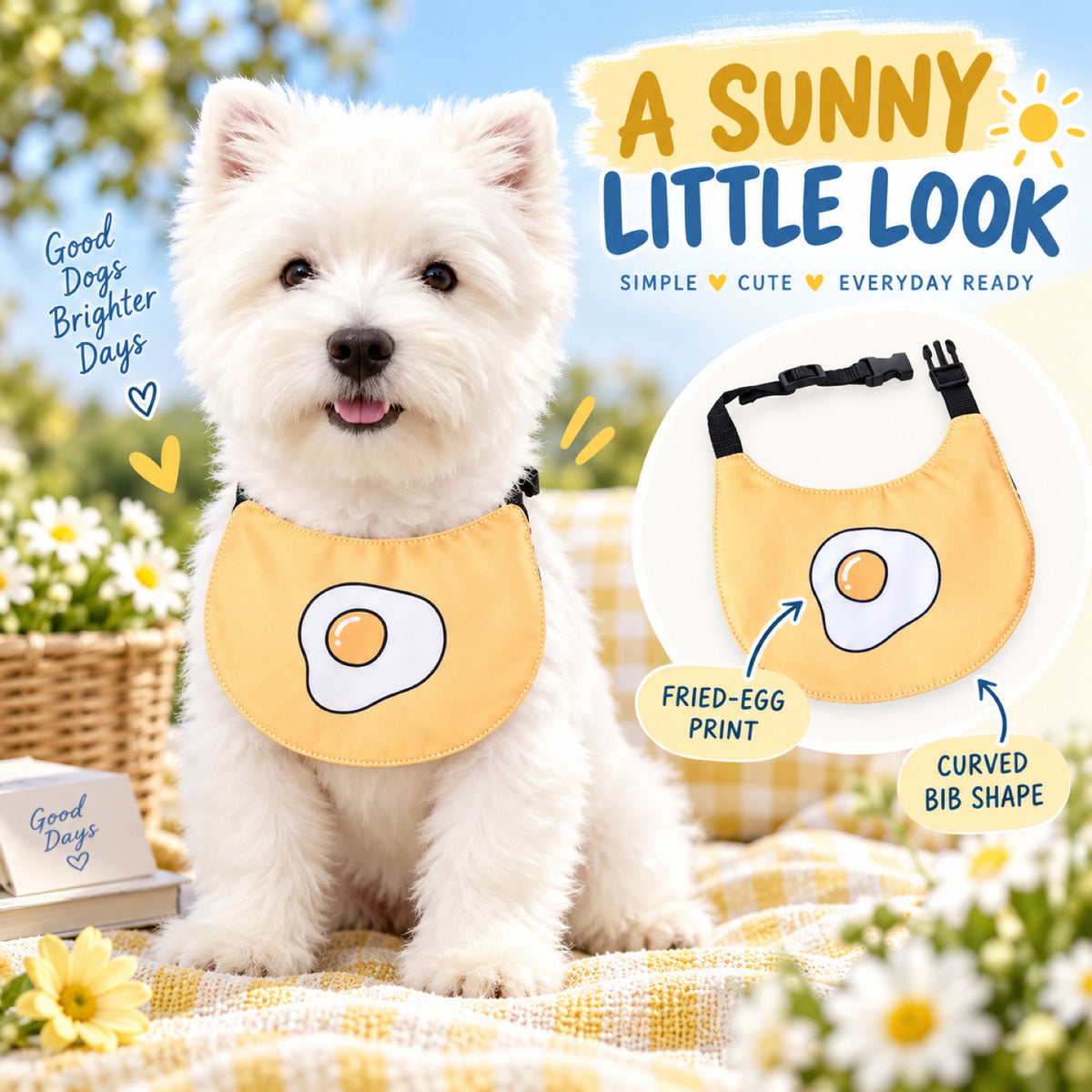 GAVPEPY Polyester Adjustable Printed Pet Bib, Sizes S, M, L, XL, XXL, 5 color or pattern options, for photos, celebrations, walks and everyday pet outfits; a neckwear accessory for everyday outfits, portraits and special occasions image 4 - 04-煎蛋佩戴.jpg