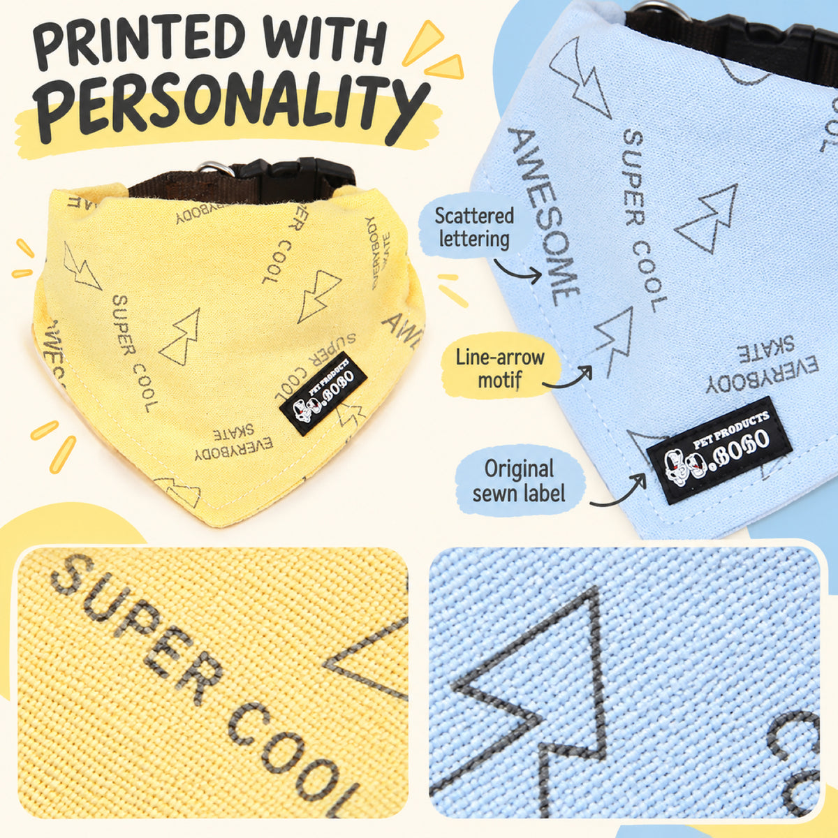 GAVPEPY Printed Pet Bandana, Sizes Small, Large, Yellow, Blue, Orange, Green, for photos, celebrations, walks and everyday pet outfits; a neckwear accessory for everyday outfits, portraits and special occasions image 4 - 04-英文图案.jpg