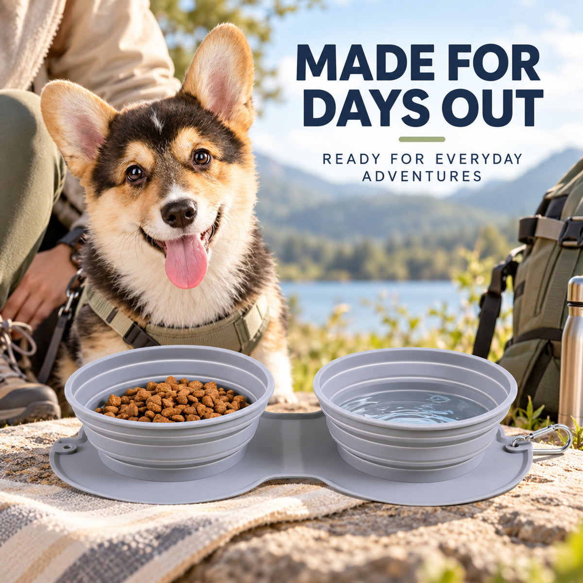 Collapsible Silicone Double Pet Travel Bowl, 3 Colors, By GAVPEPY image 6 - 05-Travel-Ready.jpg