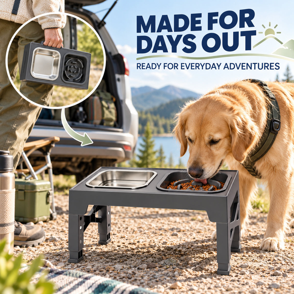 Adjustable Foldable Pet Bowl Stand, 2 Colors & 3 Bowl Sets, By GAVPEPY image 6 - 05-Travel-Ready.jpg