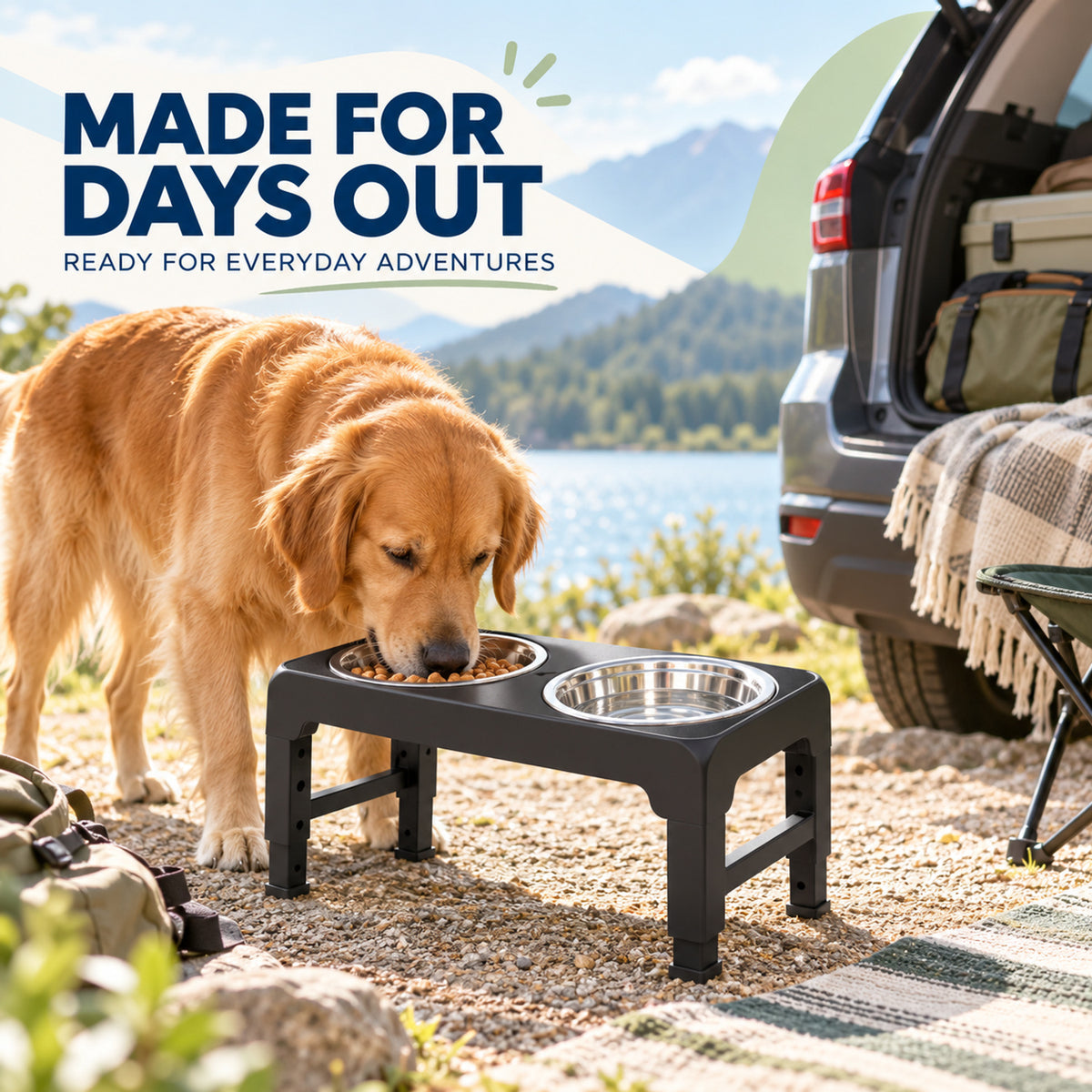 Adjustable Foldable Stainless Steel Pet Bowl Stand, 2 Colors, By GAVPEPY image 6 - 05-Travel-Ready.jpg