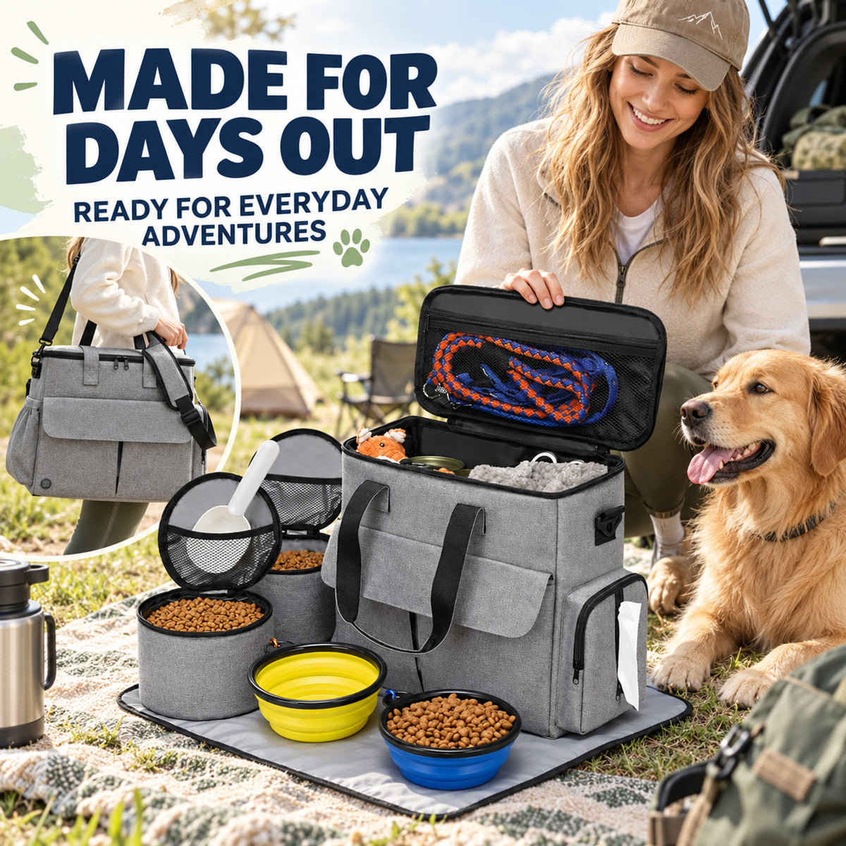 Large Pet Food Travel Bag with 2 Collapsible Bowls, 3 Colors, By GAVPEPY image 6 - 05-Travel-Ready.jpg