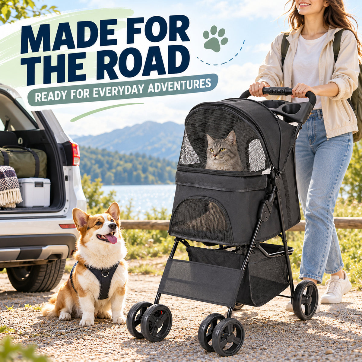 Foldable Pet Stroller with Tray, 2 Colors, By GAVPEPY image 6 - 05-Travel-Ready.jpg