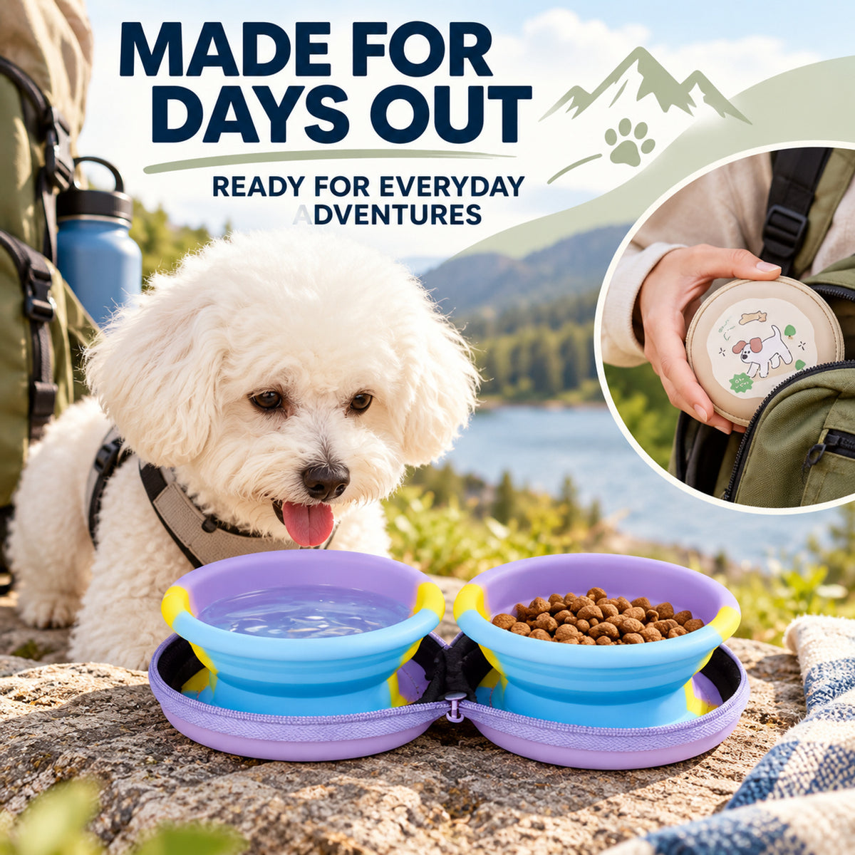 Mini Collapsible Silicone Double Pet Bowl, By GAVPEPY image 6 - 05-Travel-Ready.jpg