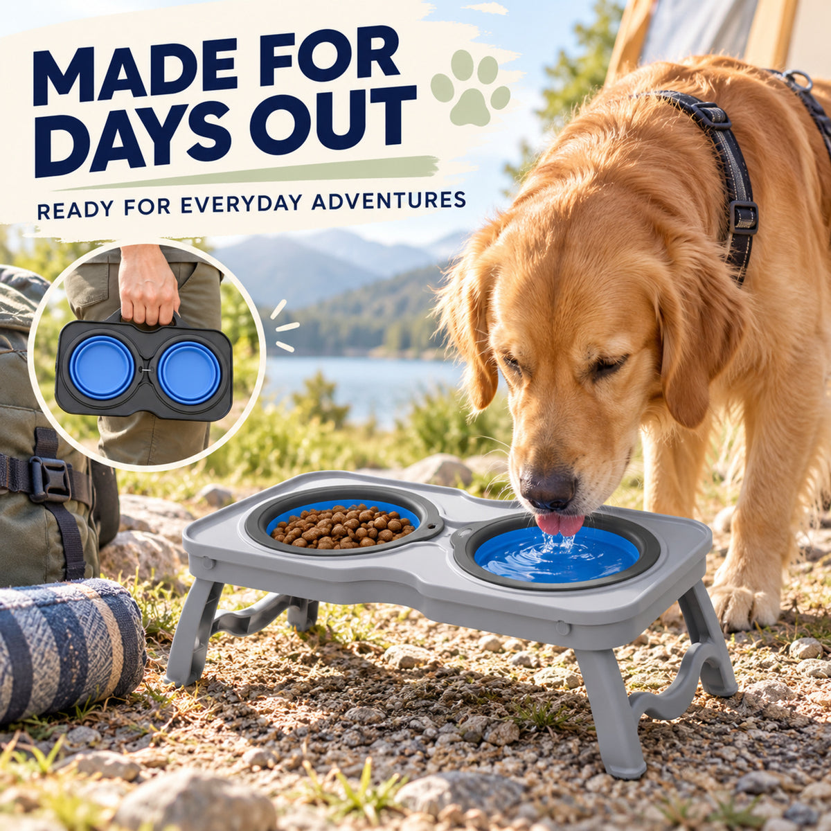 Foldable Double Pet Bowl Stand, 2 Colors & 2 Sizes, By GAVPEPY image 6 - 05-Travel-Ready.jpg