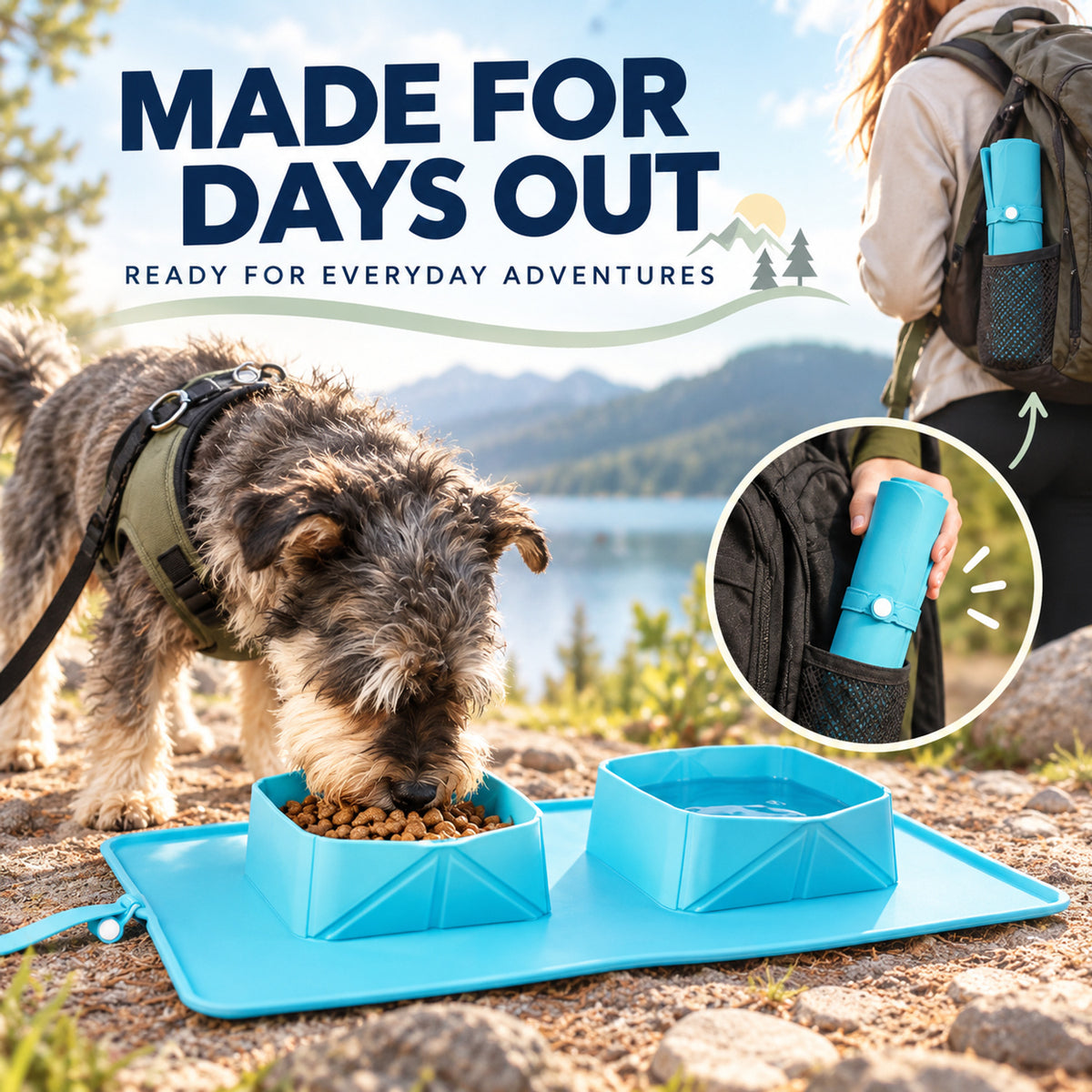 Foldable Silicone Double-Bowl Feeding Mat, 3 Colors & 2 Sizes, By GAVPEPY image 6 - 05-Travel-Ready.jpg
