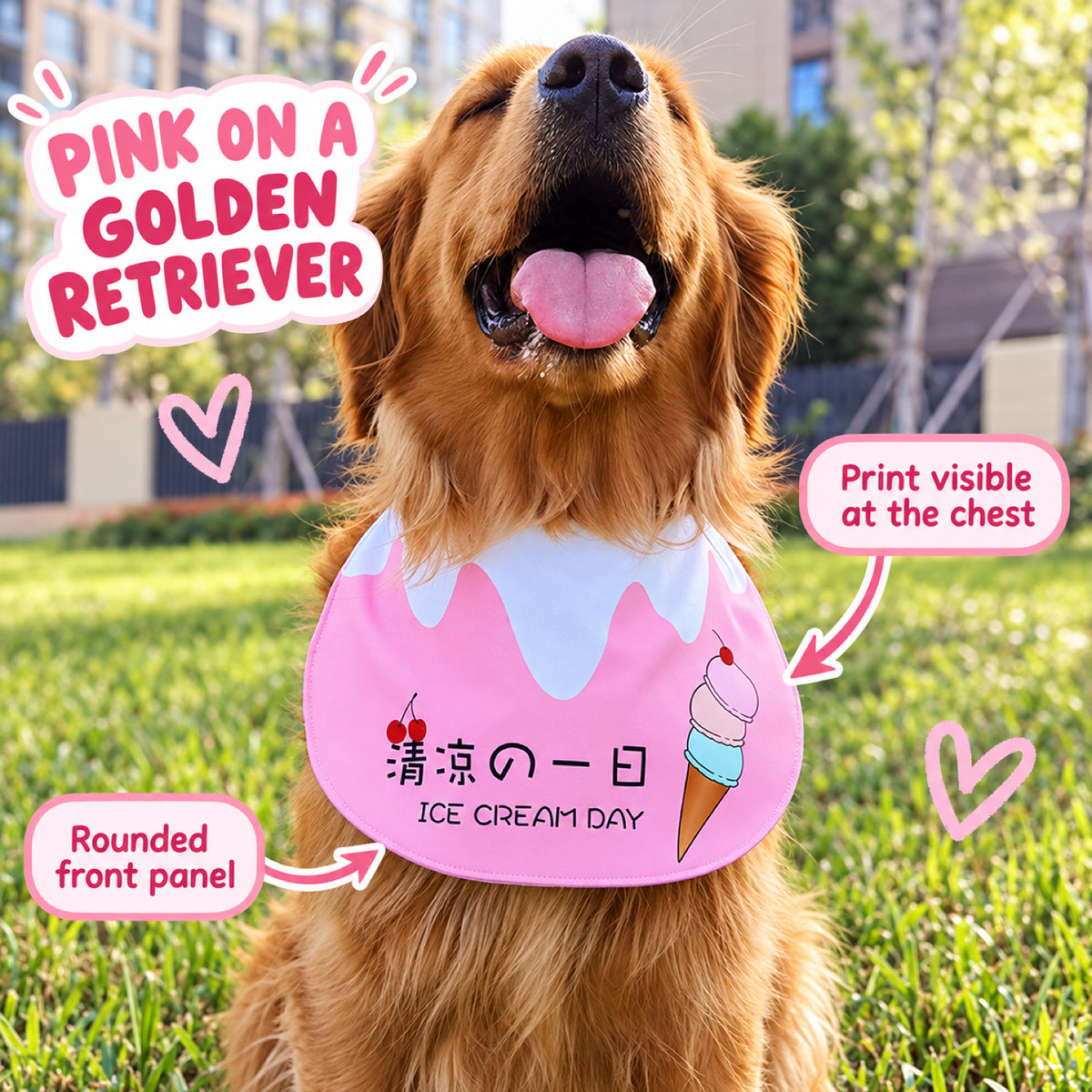 GAVPEPY Polyester Ice-Cream Print Pet Bib, Sizes S, M, L, XL, XXL, Pink, Green, Purple, for photos, celebrations, walks and everyday pet outfits; a neckwear accessory for everyday outfits, portraits and special occasions image 5 - 05-粉色佩戴.jpg