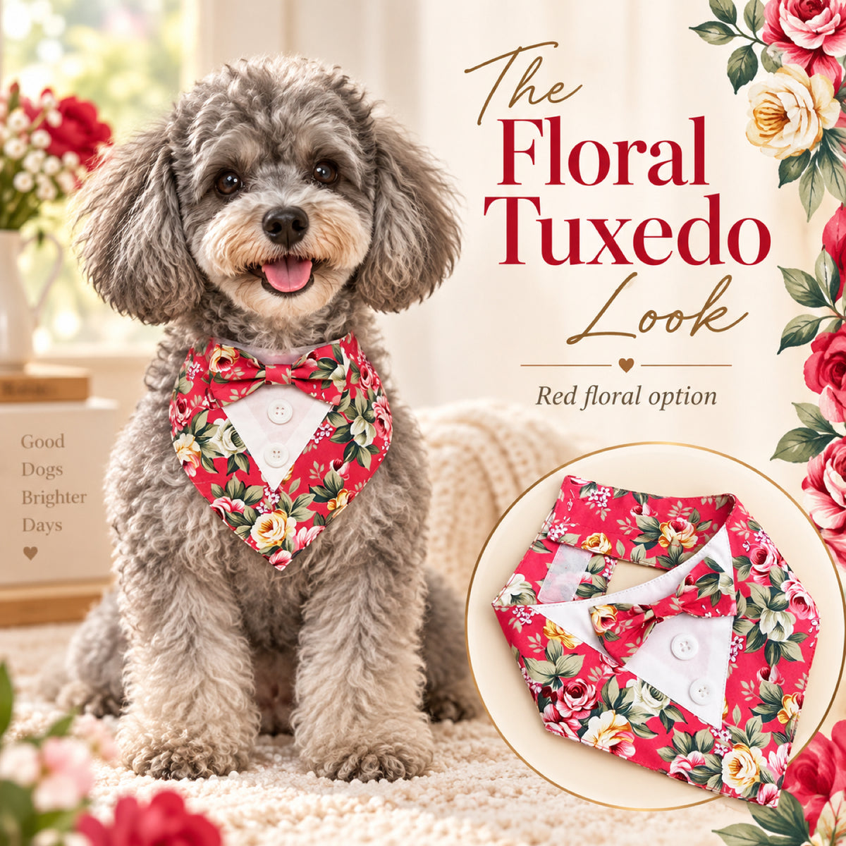 GAVPEPY Polyester Floral Formal Pet Bib, Sizes XS, S, M, L, XL, Red, Pink, Blue, for photos, celebrations, walks and everyday pet outfits; a neckwear accessory for everyday outfits, portraits and special occasions image 5 - 05-红花佩戴.jpg