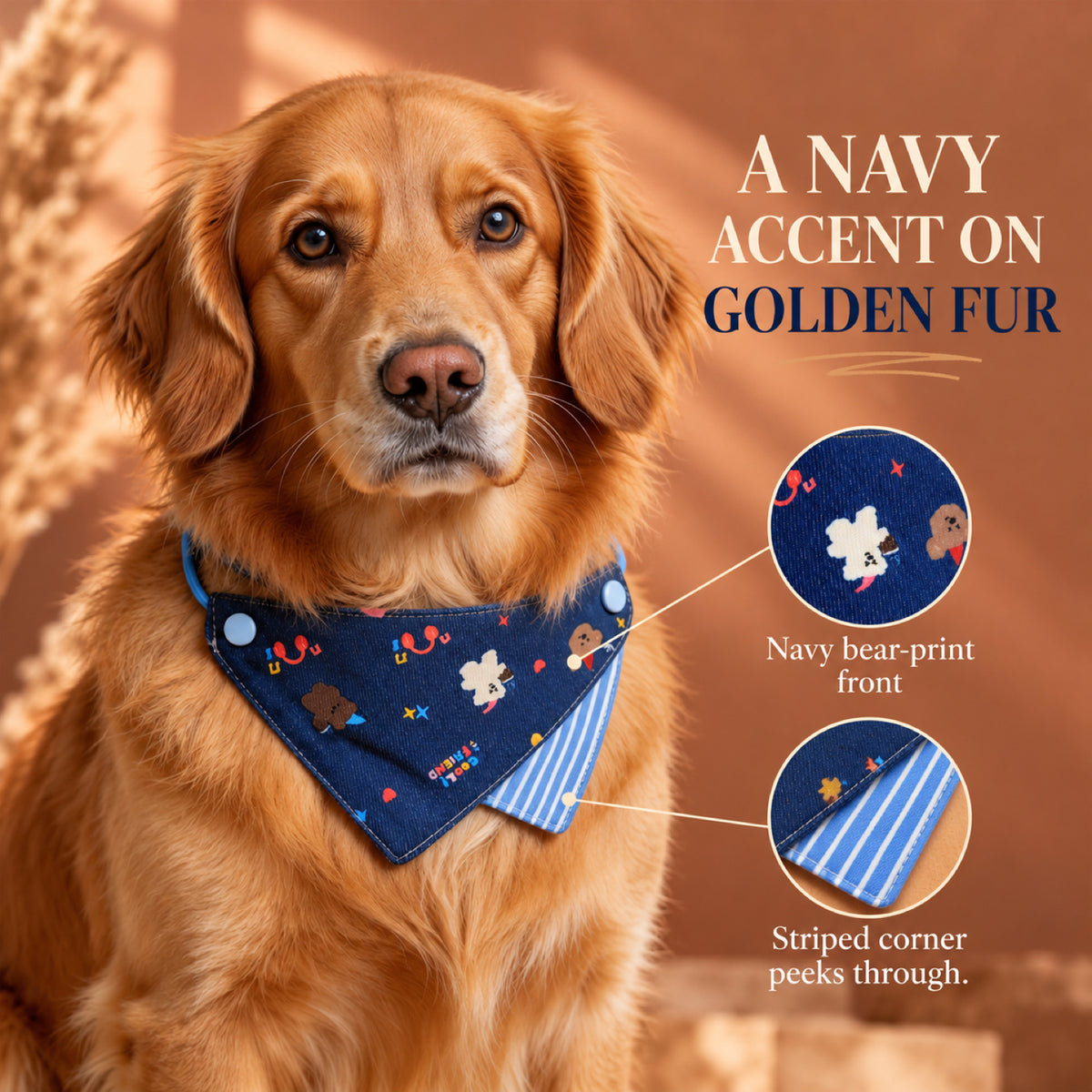 GAVPEPY Cotton Adjustable Printed Pet Bandana, Sizes S, L, Blue, for pet photos, outings and celebrations; decorative neckwear with the selected print and fit shown in the product photos; review the selected variant photo for details image 5 - 05-金色犬深蓝款佩戴.jpg