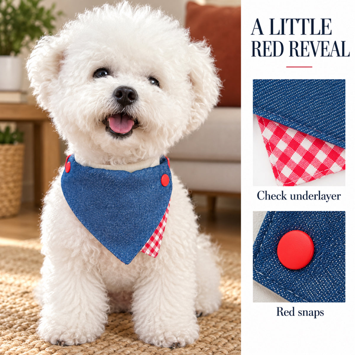 GAVPEPY Polyester Denim-Look Triangle Pet Bib, Sizes S, M, as pictured, for photos, celebrations, walks and everyday pet outfits; a neckwear accessory for everyday outfits, portraits and special occasions image 5 - 05-红格佩戴.jpg