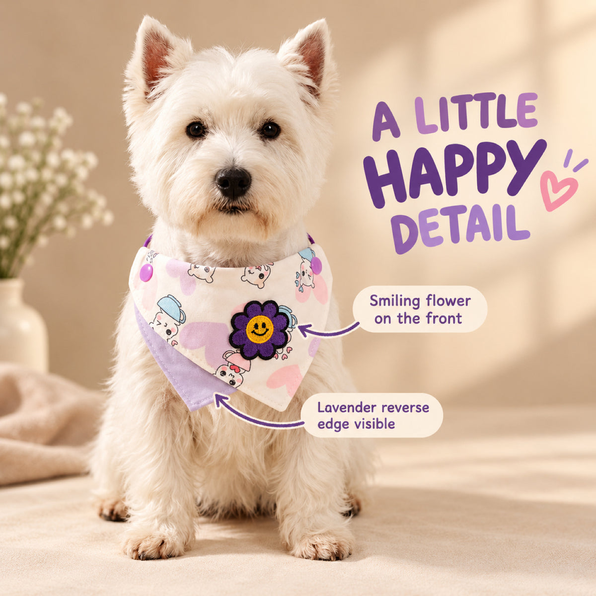 GAVPEPY Fabric Reversible Printed Pet Bandana, Sizes S, L, Purple, for pet photos, outings and celebrations; decorative neckwear with the selected print and fit shown in the product photos; review the selected variant photo for details image 5 - 05-白犬笑脸花佩戴.jpg