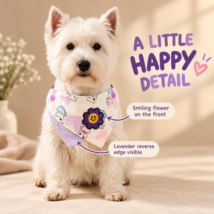 GAVPEPY Fabric Reversible Printed Pet Bandana, Sizes S, L, Purple, for pet photos, outings and celebrations; decorative neckwear with the selected print and fit shown in the product photos; review the selected variant photo for details image 5 - 05-白犬笑脸花佩戴.jpg