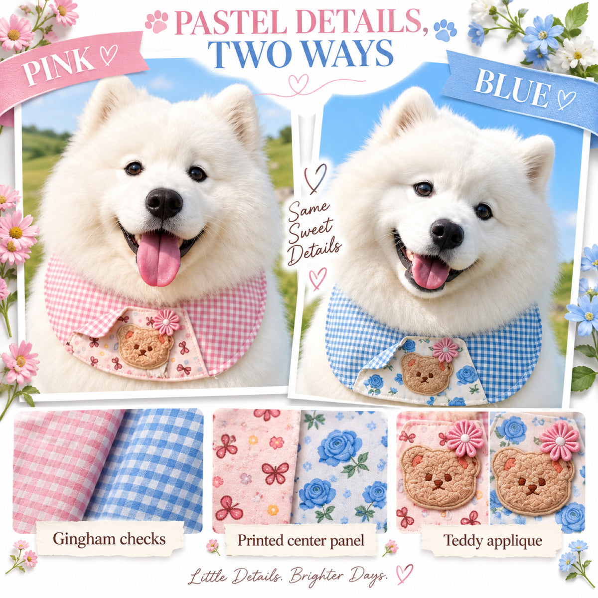 GAVPEPY Polyester Gingham Bear Pet Bib, 6 size options, 5 color or pattern options, for photos, celebrations, walks and everyday pet outfits; a neckwear accessory for everyday outfits, portraits and special occasions image 5 - 05-粉蓝对照.jpg