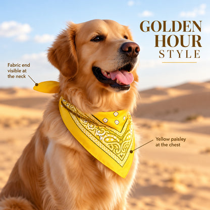 GAVPEPY Polyester Yellow Printed Pet Bandana, Size One Size, Yellow, for photos, celebrations, walks and everyday pet outfits; a neckwear accessory for everyday outfits, portraits and special occasions image 5 - 05-金毛佩戴.jpg